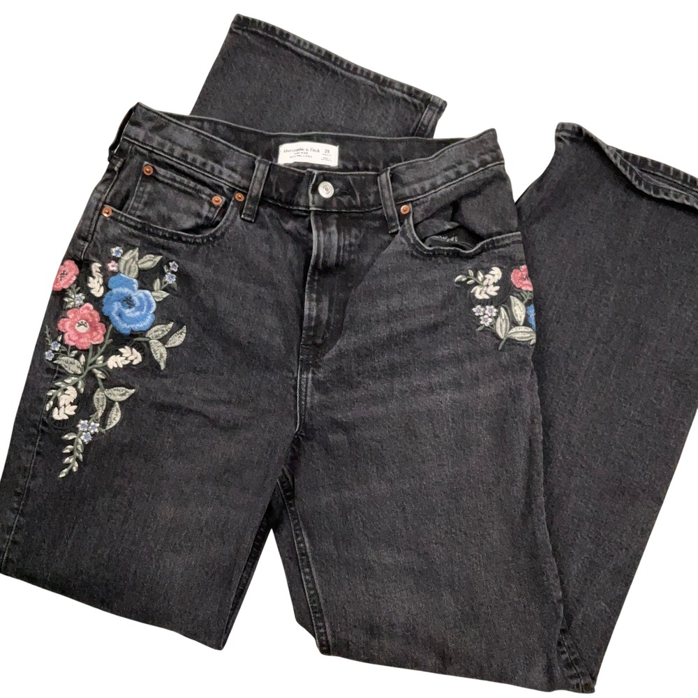 Abercrombie & Fitch Jeans Women 28R Black Floral Embroidered 90s Relaxed High